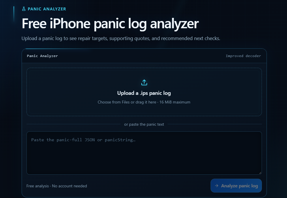 Online iPhone panic log analyzer showing diagnostic results